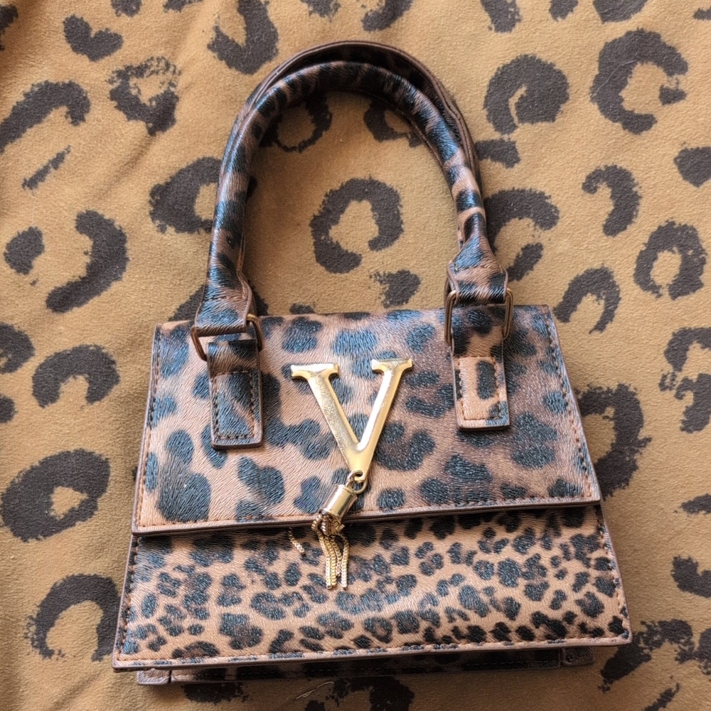 Leopard Print Top-Handle Mini Bag with Gold V Accent And Tassel